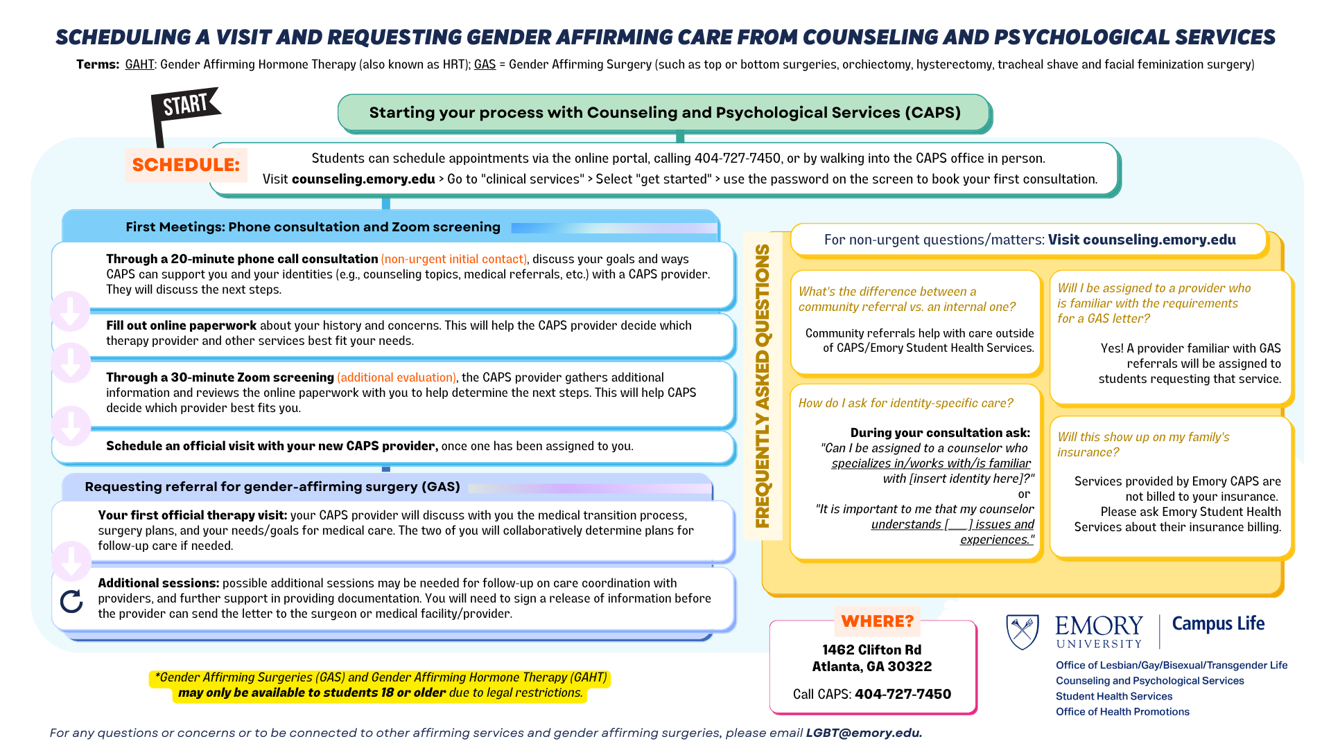 infographic outlining gender affirming care at counseling services